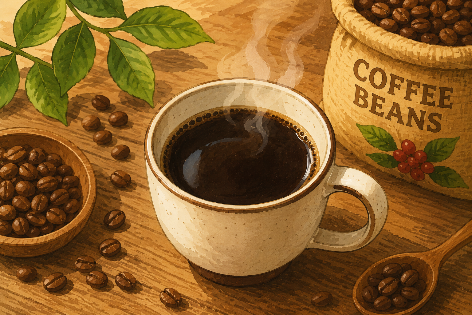 焙煎したコーヒー豆と湯気の立つ一杯のコーヒーのイラスト