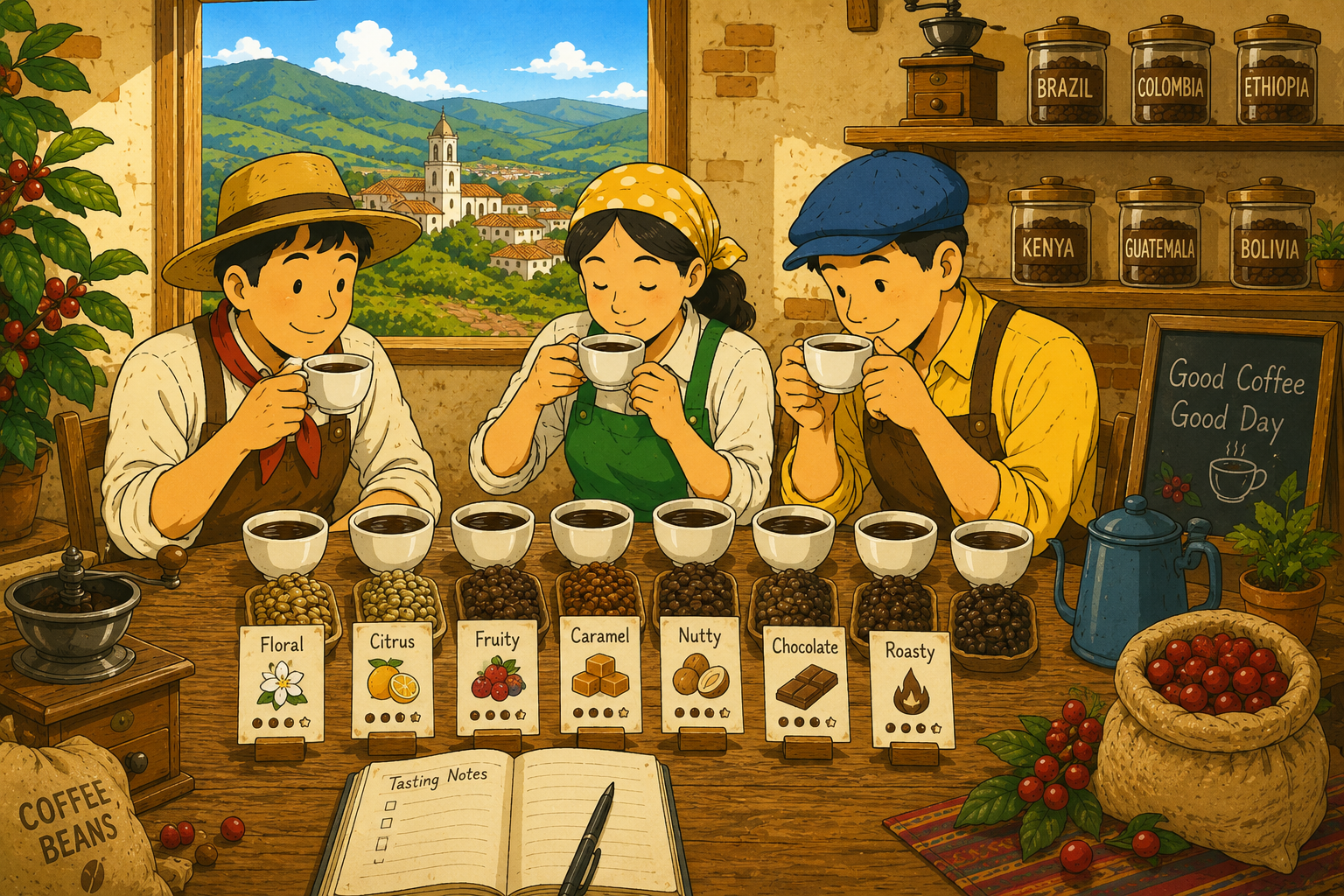 複数のコーヒーを飲み比べて味や香りを記録するテイスティングのイラスト