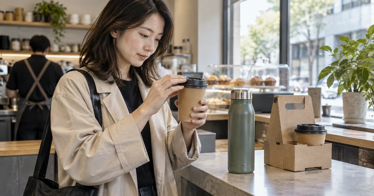 テイクアウトコーヒーを持ち運ぶ前に紙カップのふたを確認する場面
