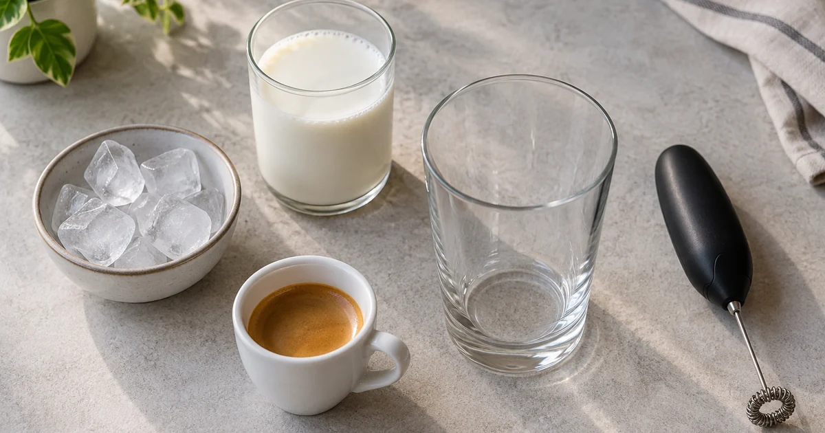 エスプレッソ、牛乳、氷、グラスと泡立て器を並べた材料写真