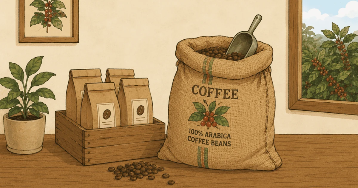 コーヒー豆の袋と麻袋のイラスト
