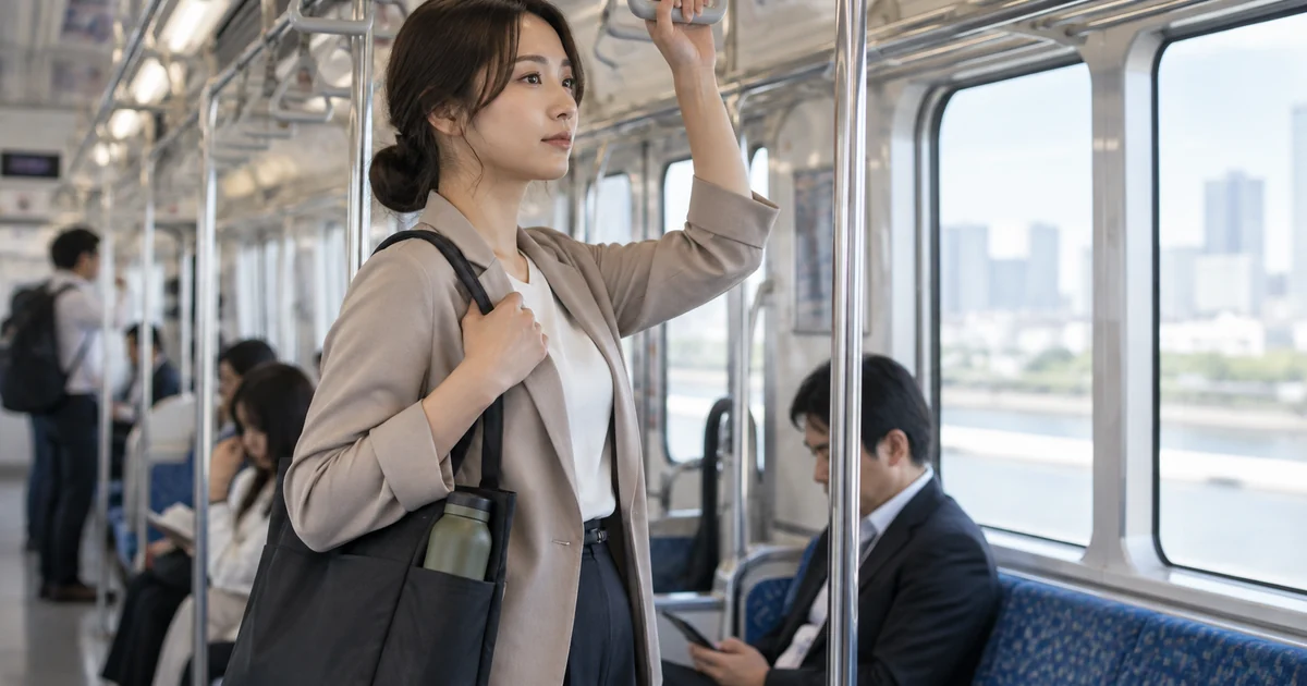 電車で手すりを持ち、閉めたボトルをバッグの立てられるポケットで運ぶイメージ