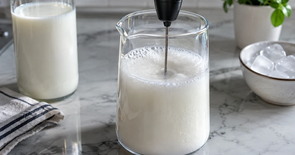 冷たい牛乳をハンドフォーマーで泡立てる様子