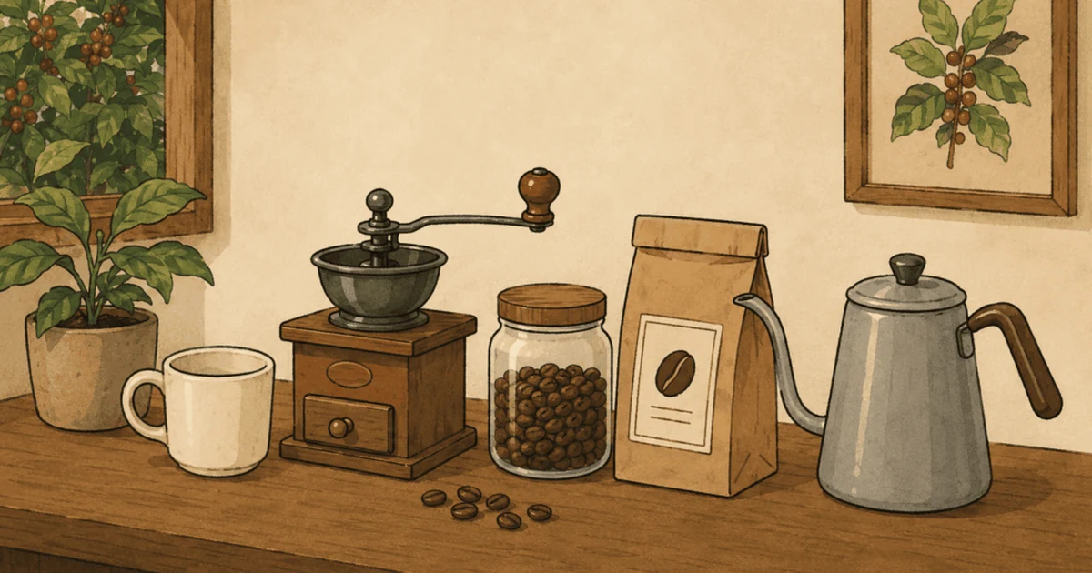 コーヒーミルやケトルなど抽出器具のイラスト