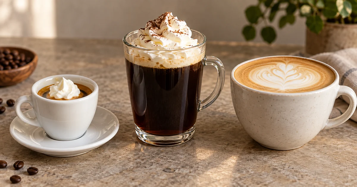 小さなカフェ・コン・パンナ、クリームをのせたコーヒー、カフェラテの比較