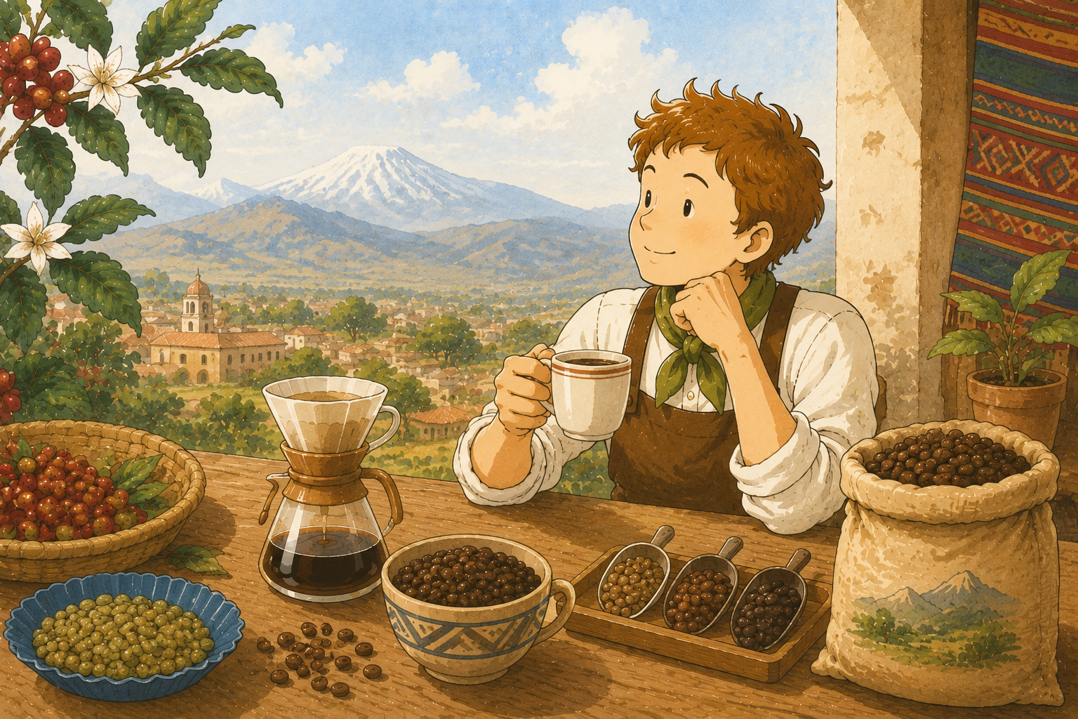 ボリビアの山岳地帯を眺めながらコーヒーを味わう案内役のイラスト