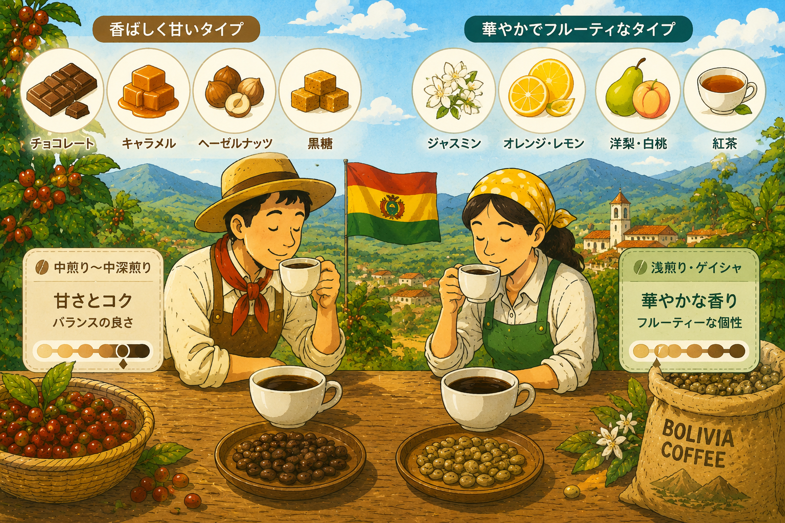 ボリビアコーヒーの香ばしく甘いタイプと華やかでフルーティーなタイプを比較するイラスト