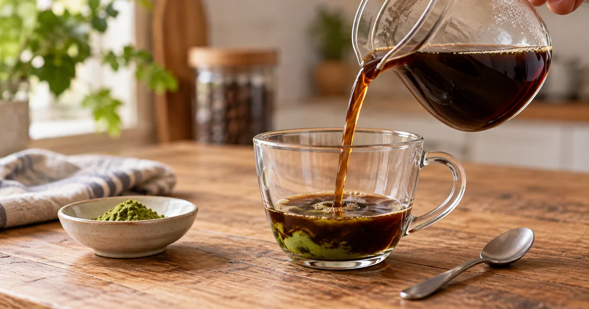 練った青汁にコーヒーを少しずつ注ぐ手順