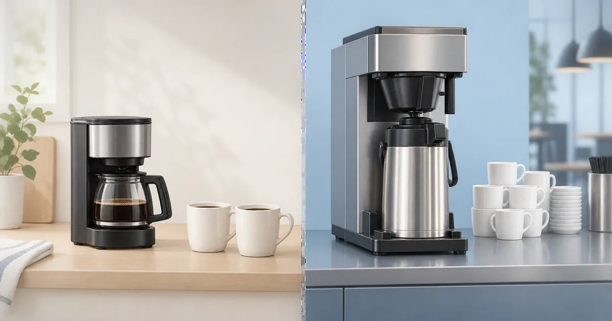 家庭用コーヒーメーカーと店舗用バッチブリューワーを比べた図