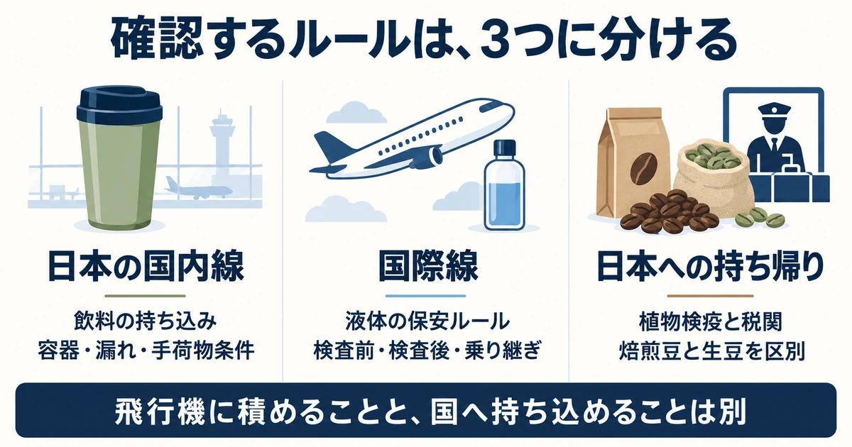 日本の国内線、国際線の液体保安ルール、日本への持ち帰りの植物検疫・税関を区別する図