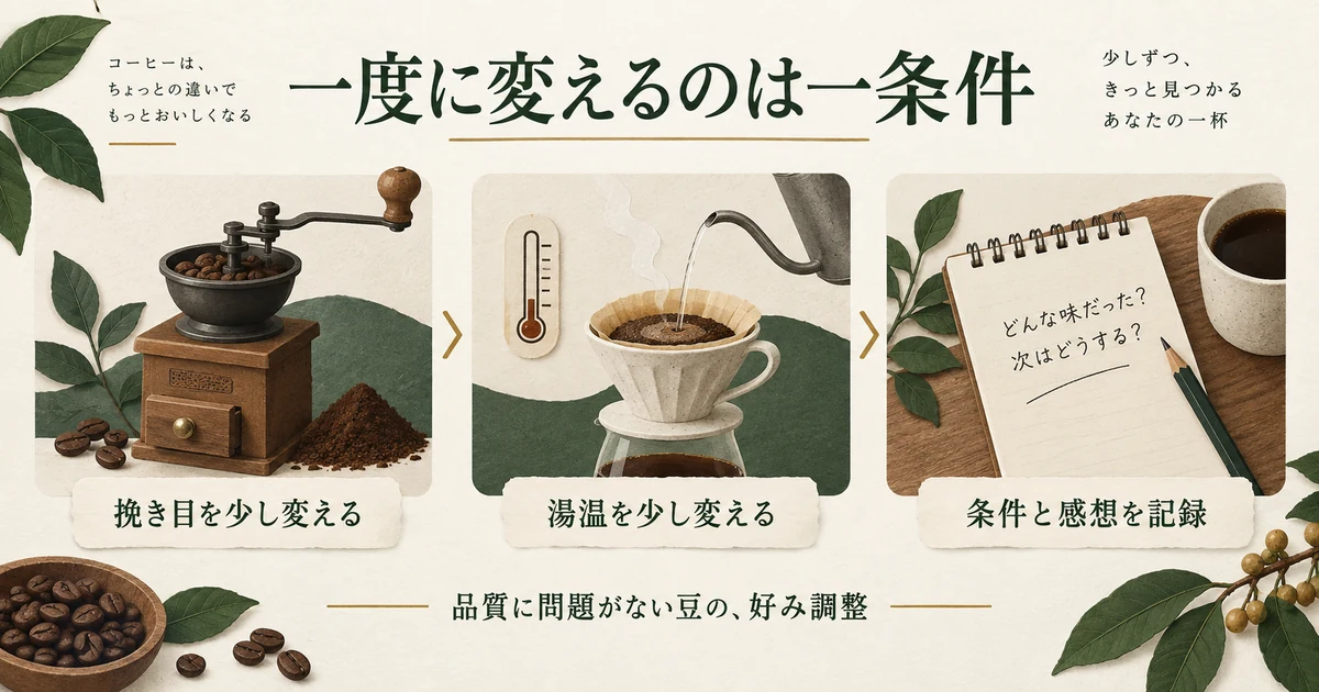 挽き目や湯温は一度に一条件だけ変えて記録する図