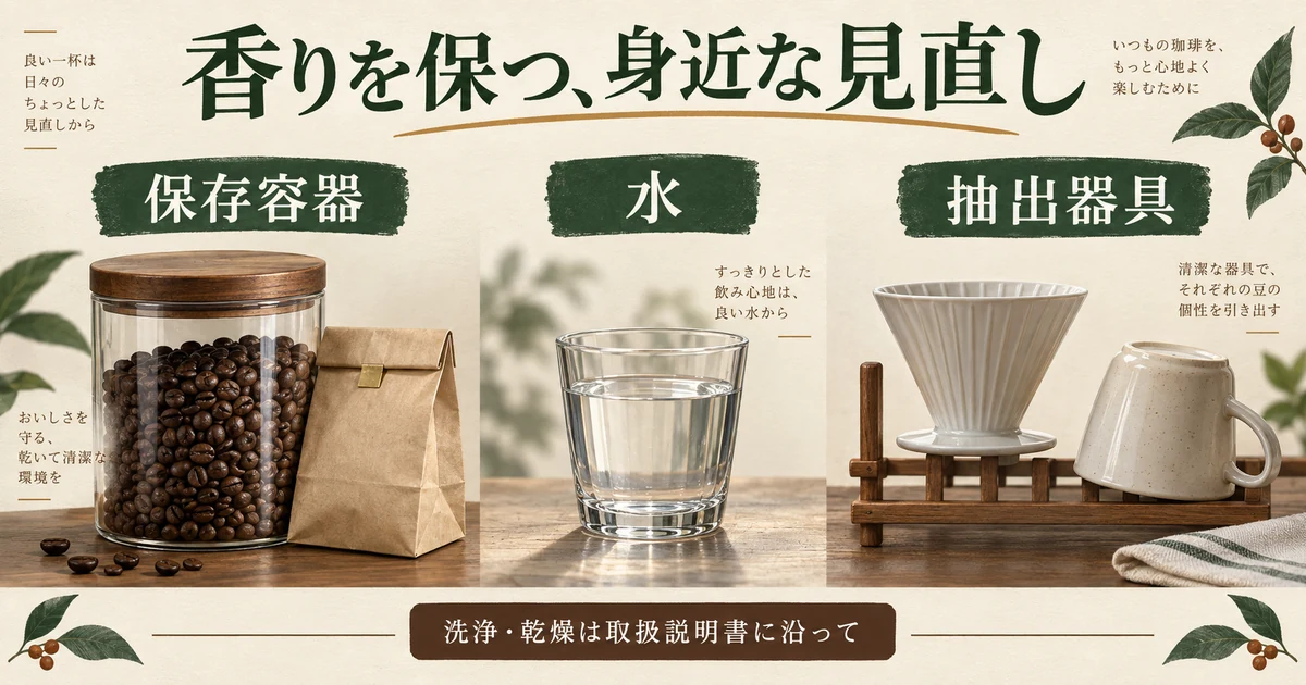 保存容器・飲用水・器具の洗浄と乾燥を確認する図