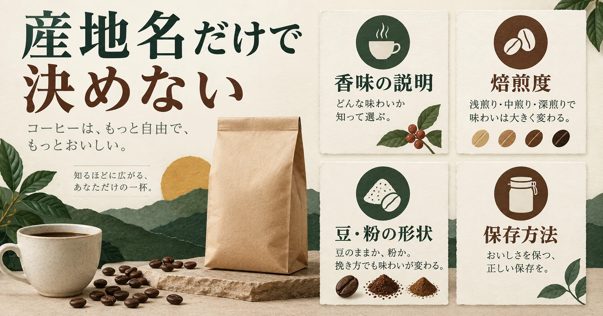 豆選びで香味・焙煎・豆や粉の形状・保存表示を確認する図