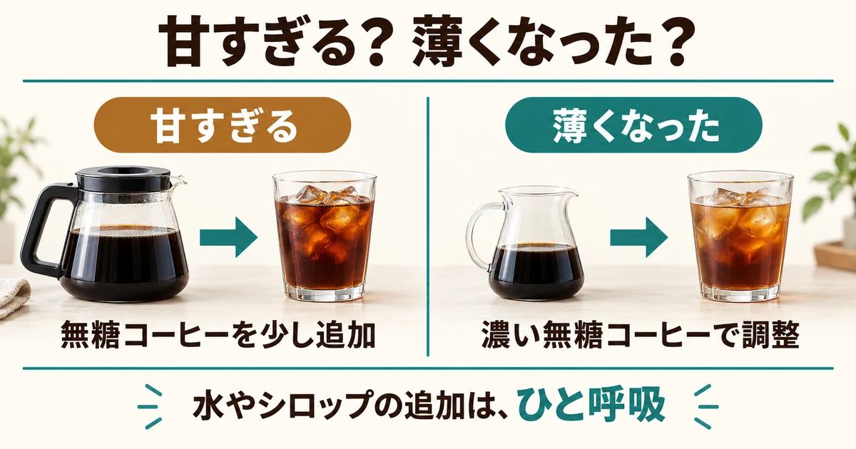 甘すぎるときは無糖コーヒー、薄いときは濃い無糖コーヒーで少しずつ調整する図