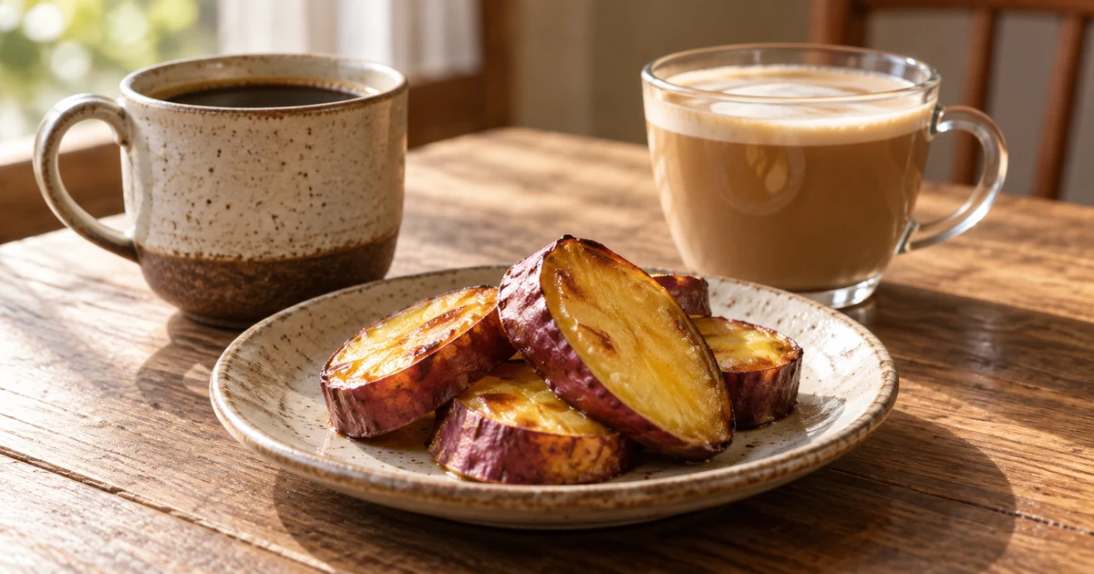 焼き芋のスライスとブラックコーヒー、カフェオレ