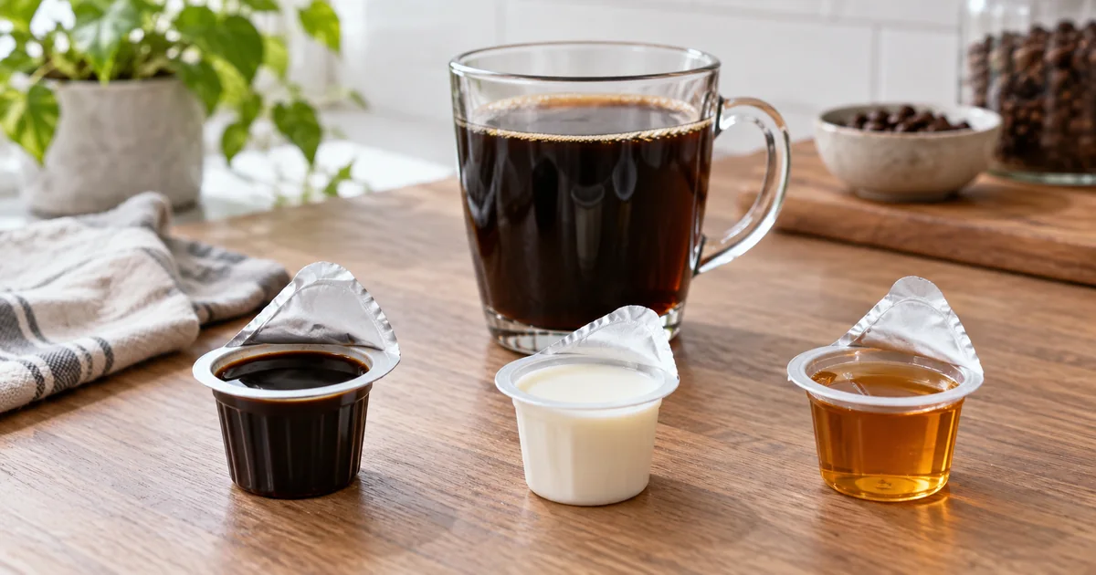 濃縮コーヒー、ミルク用、シロップの3種類のポーション