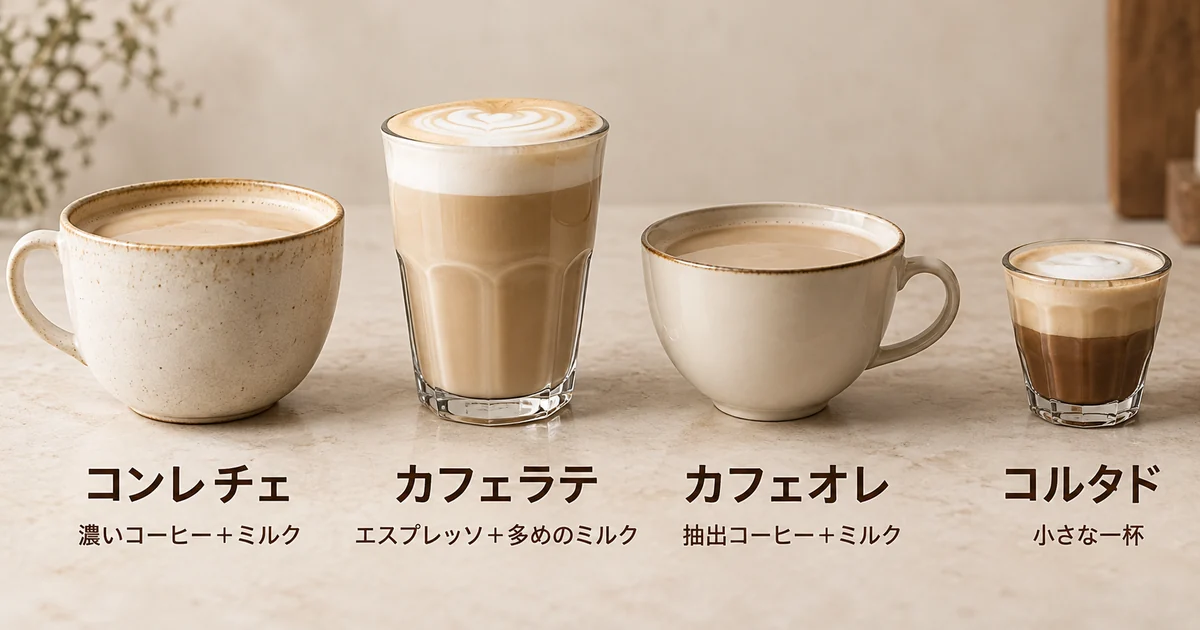 コンレチェ、カフェラテ、カフェオレ、コルタドを抽出方法と牛乳量で比較した図