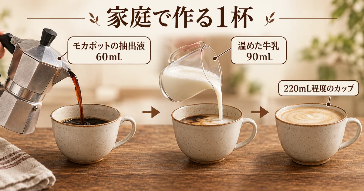 家庭向けコンレチェ一杯分は抽出後のコーヒー60mLと温めた牛乳90mL