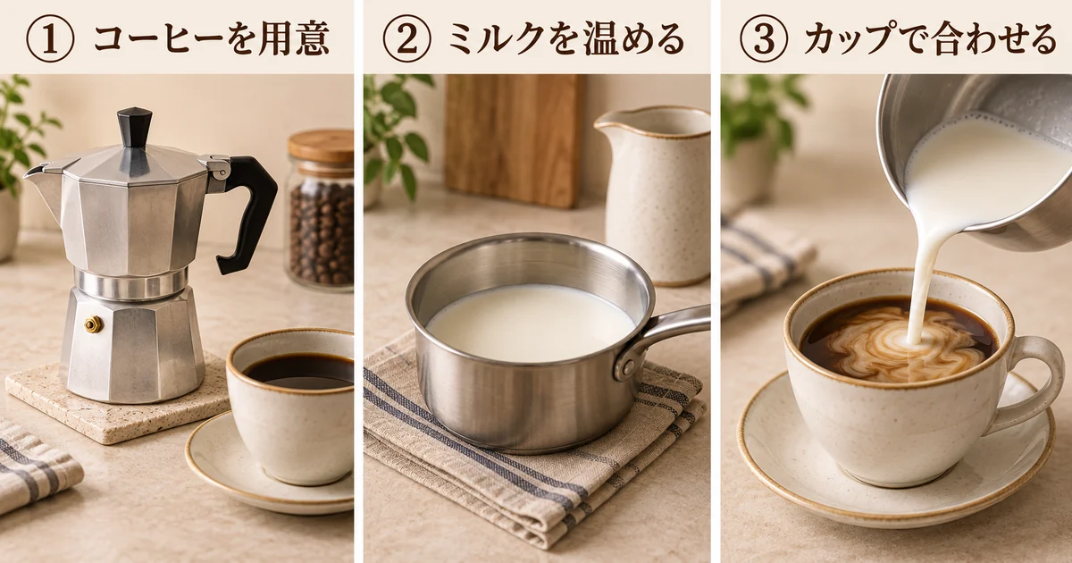 カップを温め、コーヒーを抽出し、牛乳を温めて合わせる三段階