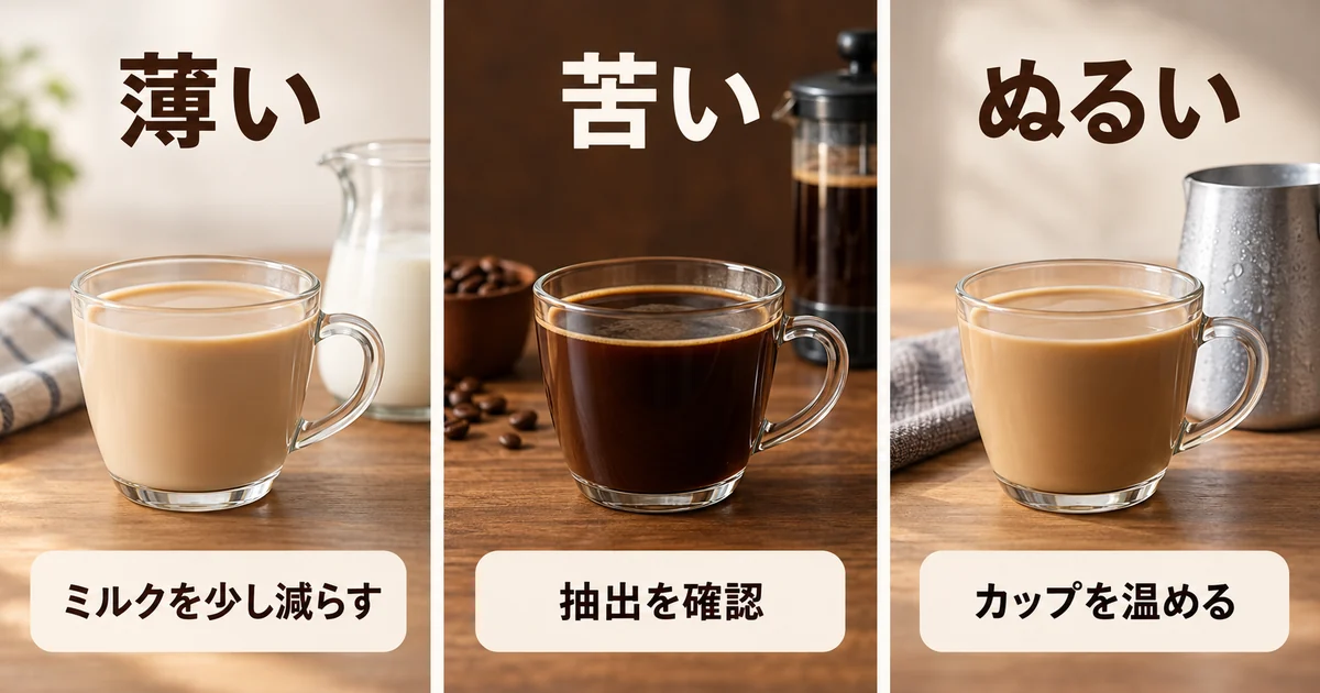 薄い場合は牛乳を減らし、苦い場合は抽出と牛乳量、ぬるい場合は器を見直す図
