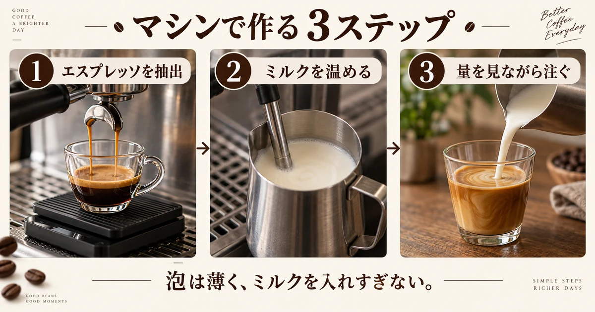 エスプレッソの抽出、ミルクの加熱、計量しながら注ぐ三つの手順