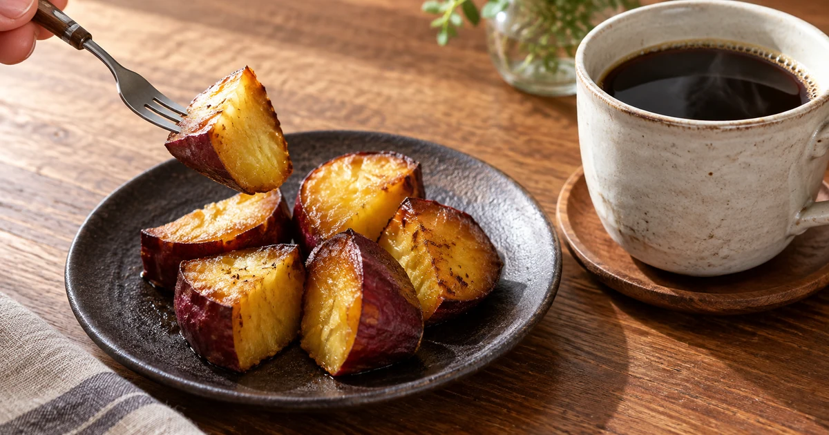 一口大の焼き芋をフォークで取り、コーヒーと交互に味わうイメージ