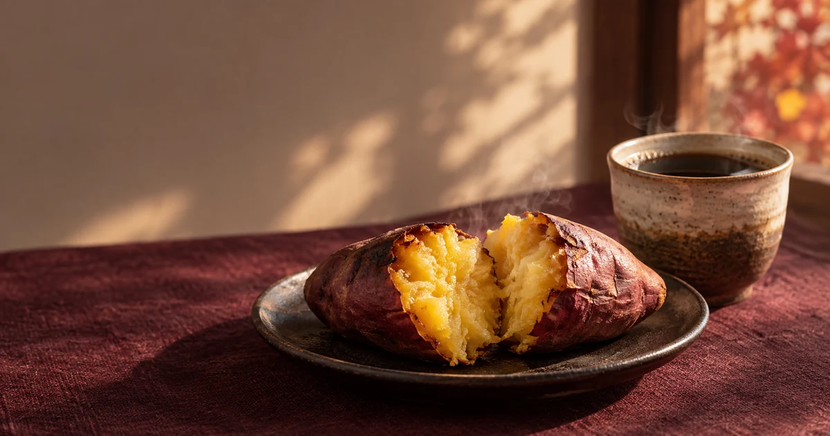 割った焼き芋と、隣に置いたブラックコーヒー