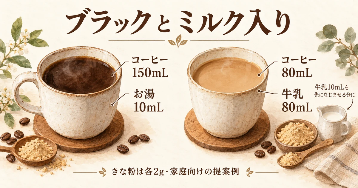 ブラックはコーヒー150mLと湯10mL、ミルク入りはコーヒー80mLと牛乳80mL。きな粉はどちらも2g。