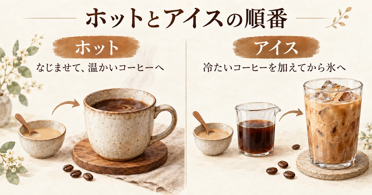 ホットはなじませて温かいコーヒーへ。アイスは冷たいコーヒーで温度を下げてから氷へ。
