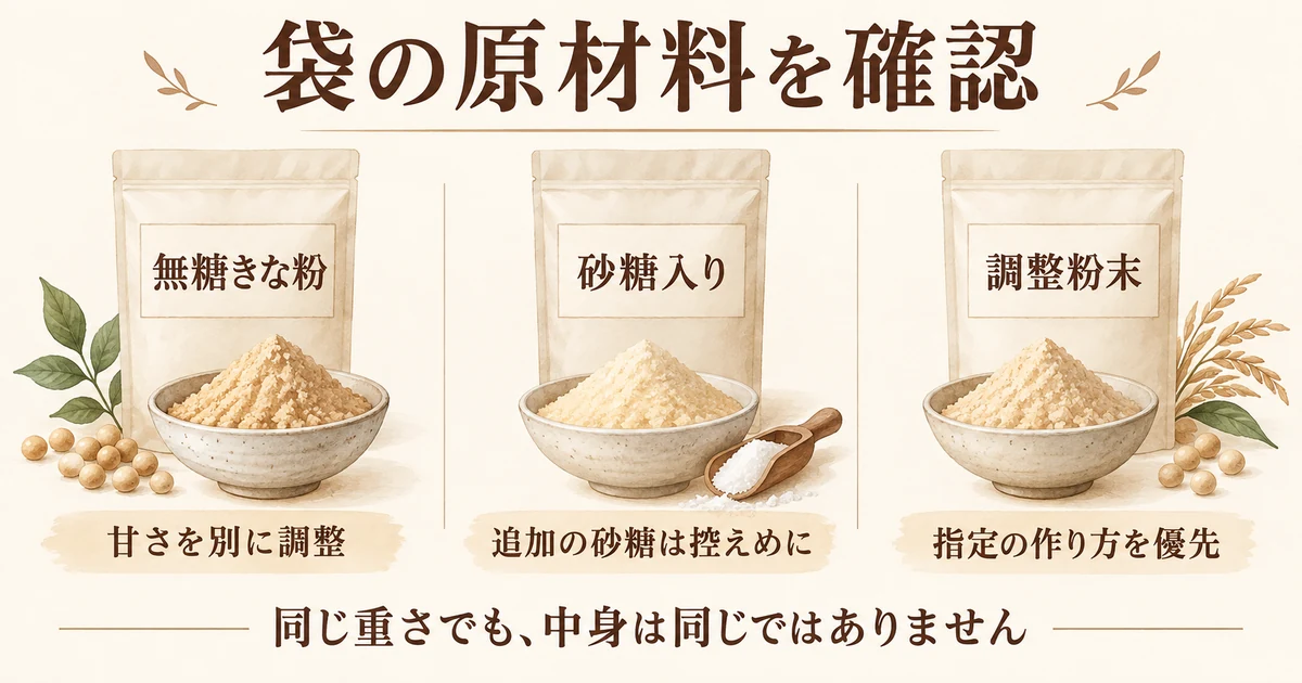 無糖きな粉、砂糖入り、調整粉末では原材料と使う量が異なるため、袋の表示を読む。