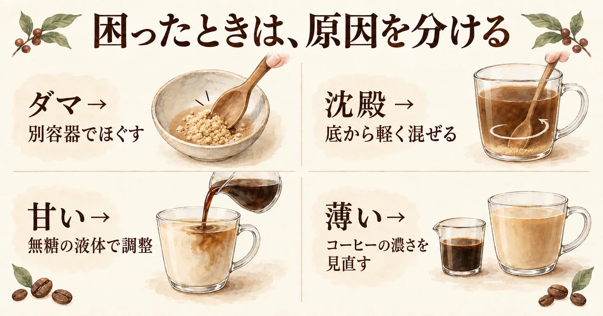 ダマは別容器でほぐす、沈殿は底から混ぜる、甘すぎるときは無糖で薄める、薄いときはコーヒーの濃さを見直す。
