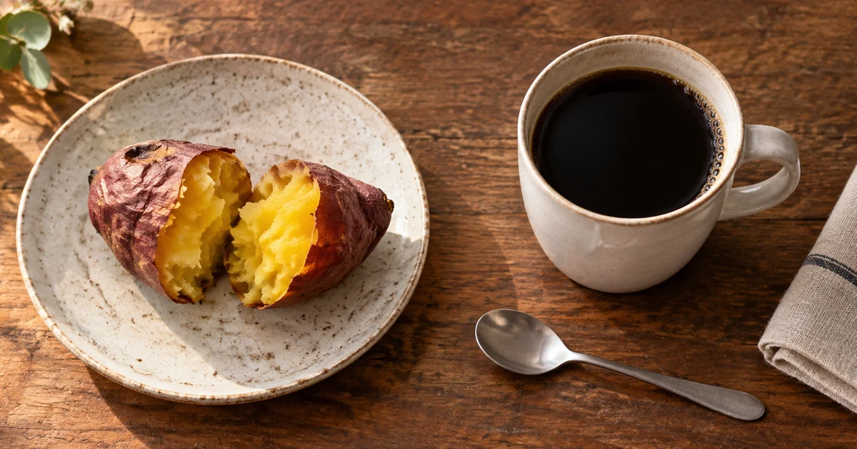 小さな焼き芋とコーヒー1杯を別々に用意した1人分