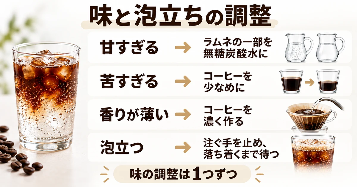 甘すぎる・苦すぎる・香りが薄いときの見直しと、泡立ったら注ぐ手を止めて待つ調整図