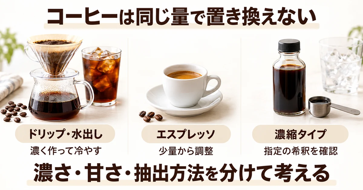 ドリップは濃く作って冷やす、エスプレッソは少量から、濃縮製品は指定希釈を確認する使い分け