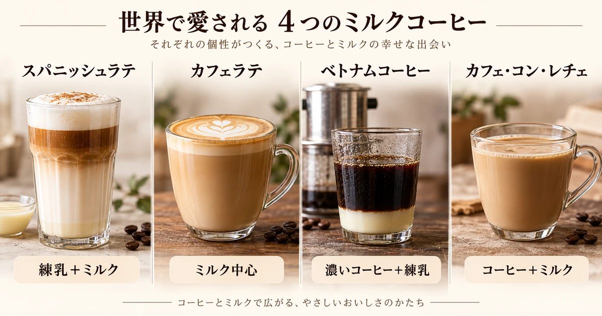 スパニッシュラテとカフェラテ、ベトナムコーヒー、カフェ・コン・レチェの主な材料比較