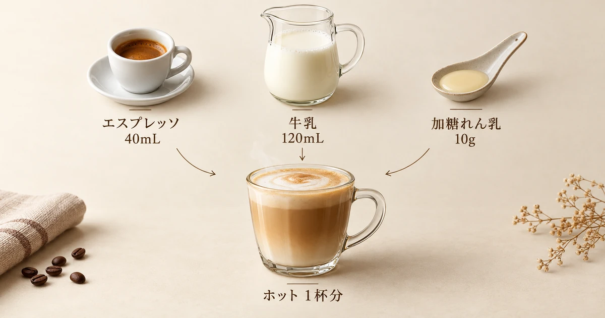 ホット1杯分の配合例。コーヒー40mL、牛乳120mL、加糖れん乳10g