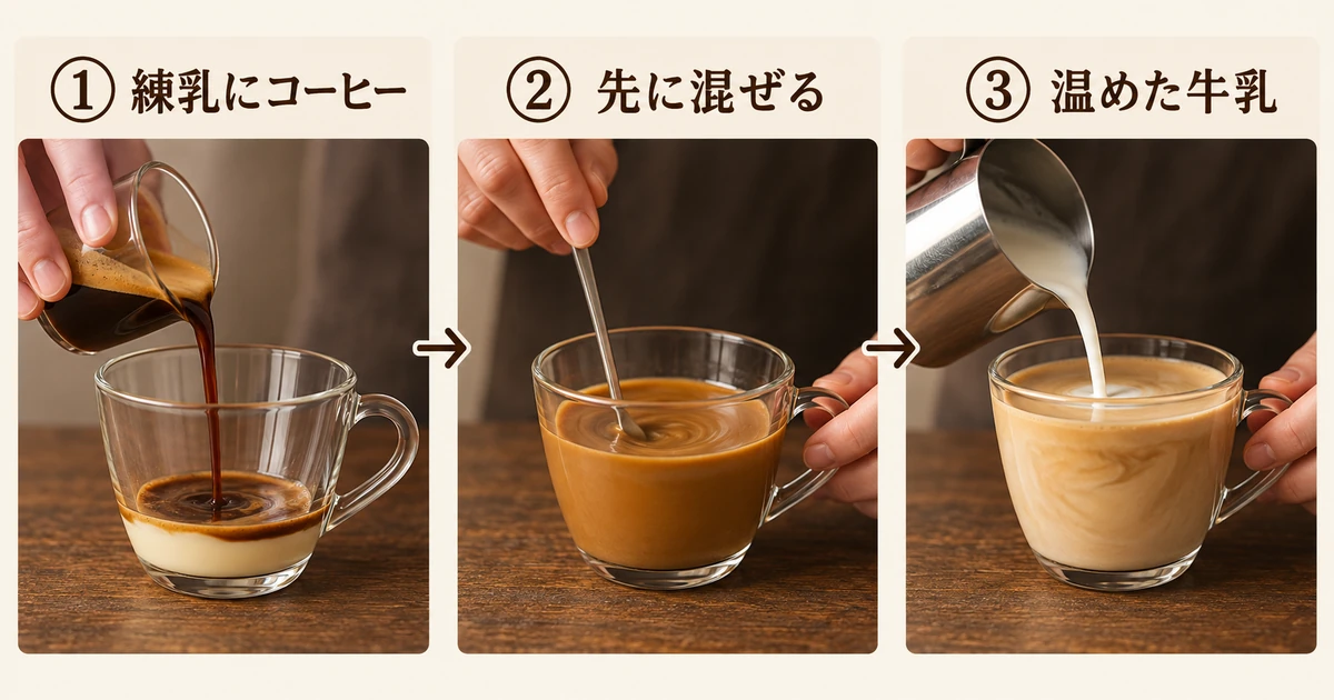 ホットは加糖れん乳に温かいコーヒーを加えて混ぜ、牛乳を注ぐ