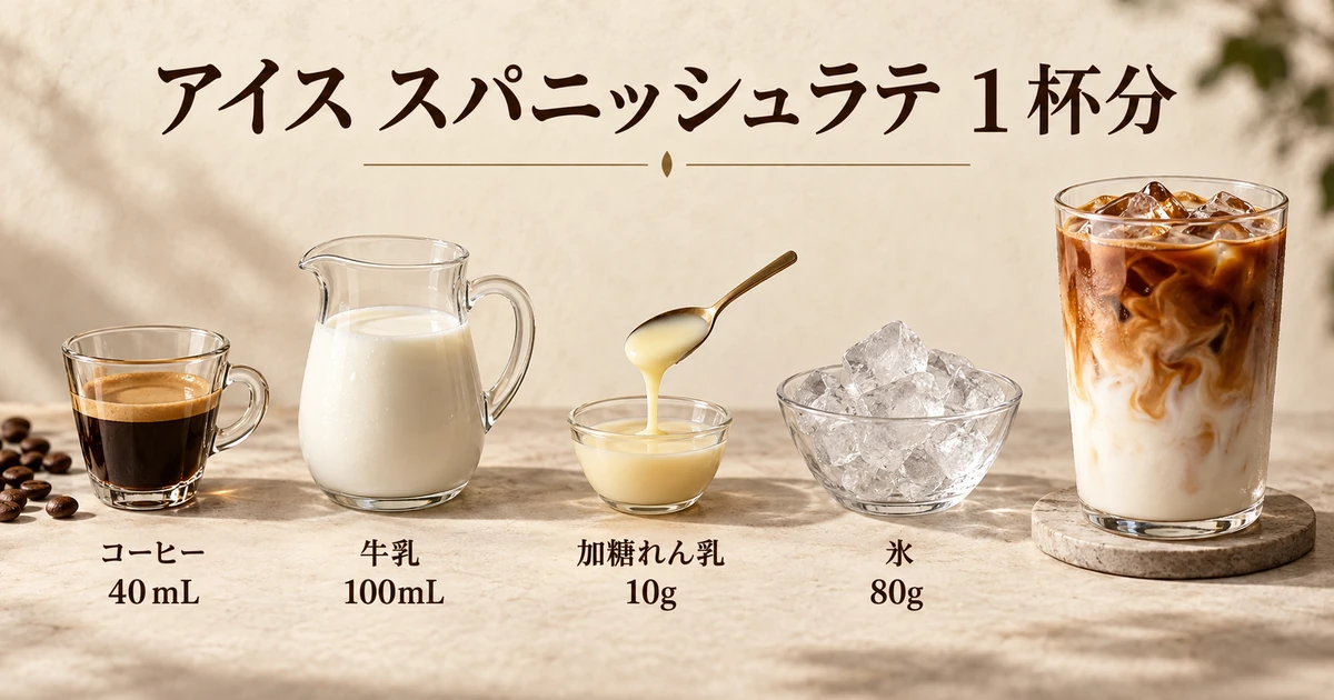 アイス1杯分の配合例。コーヒー40mL、牛乳100mL、加糖れん乳10g、氷80g