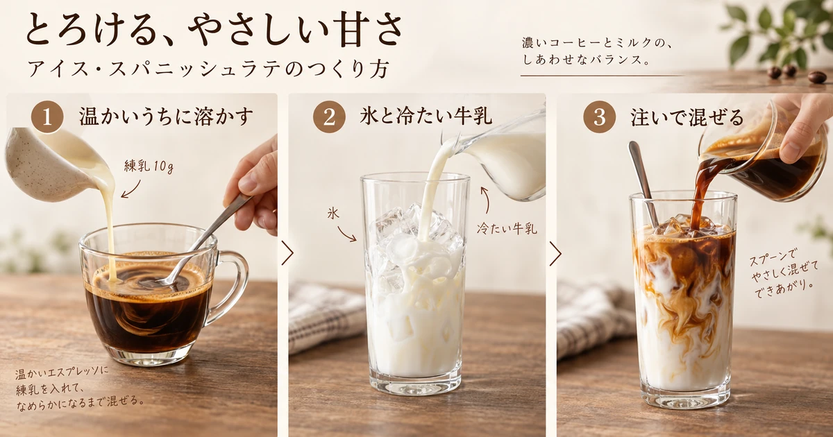 アイスは加糖れん乳を温かいコーヒーで溶かし、氷と牛乳に注ぐ