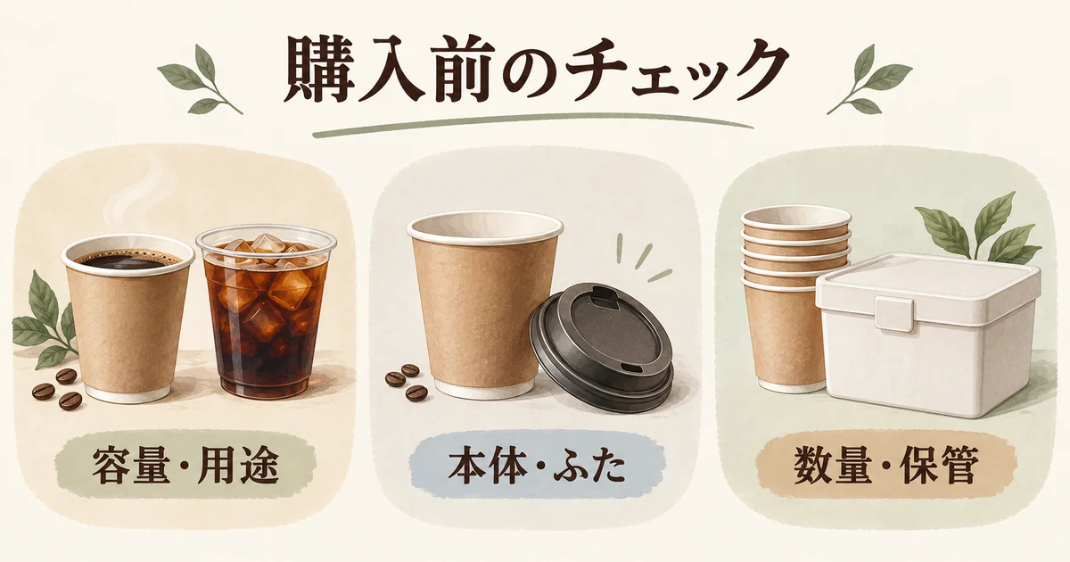 購入前に容量と用途、ふた、数量と保管を確認する図