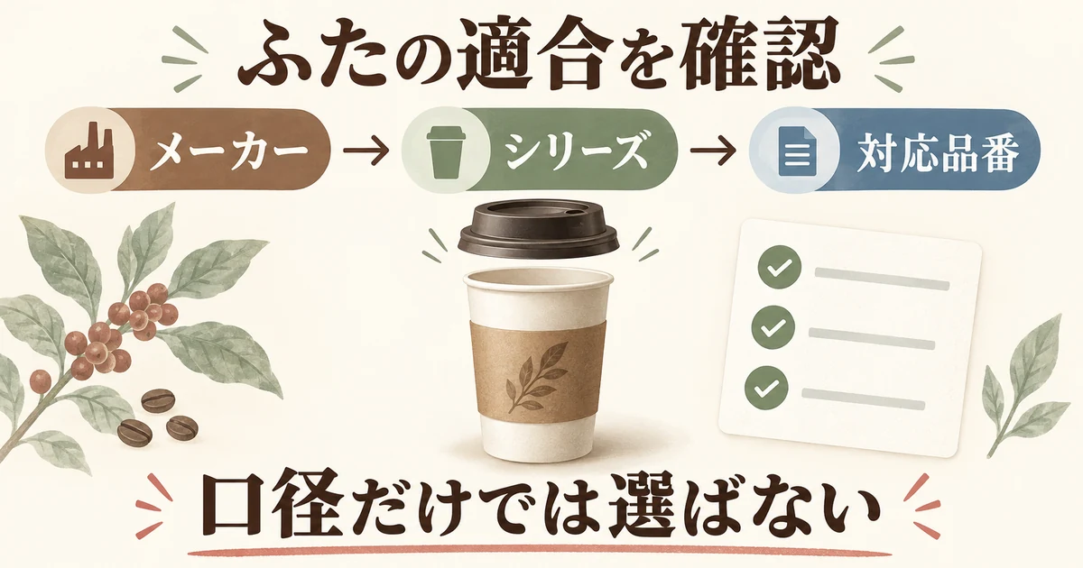 カップとふたのメーカー、シリーズ、対応品番を照合する図