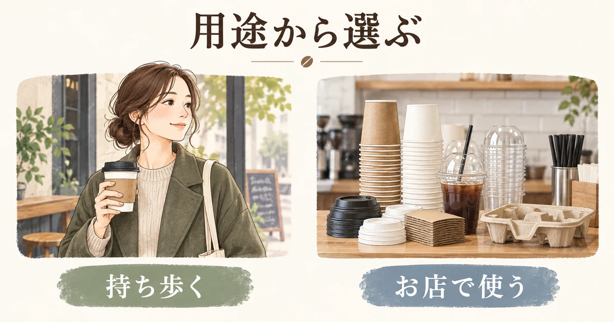 個人の持ち歩きと店舗での資材選びを分けた説明図
