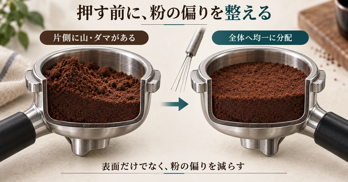 片側に山やダマが残るコーヒー粉と、全体へ均一に分配した状態を対比する断面イラスト