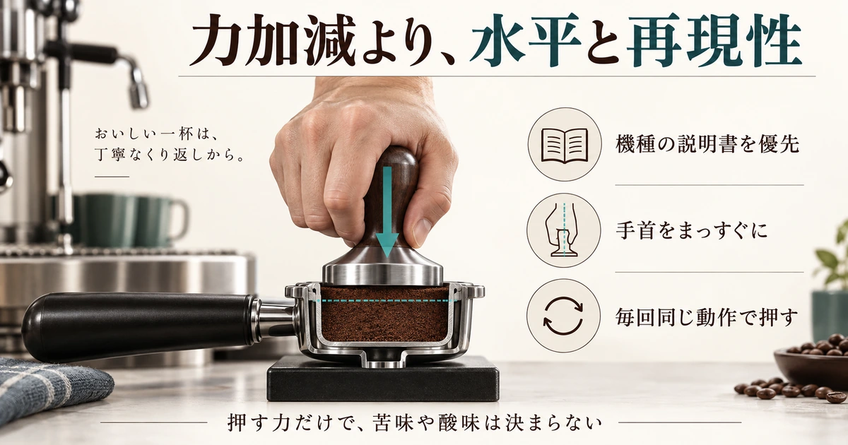 手首をまっすぐ保ち、タンパーを水平にして真下へ押す姿勢と再現性を示す生成イラスト