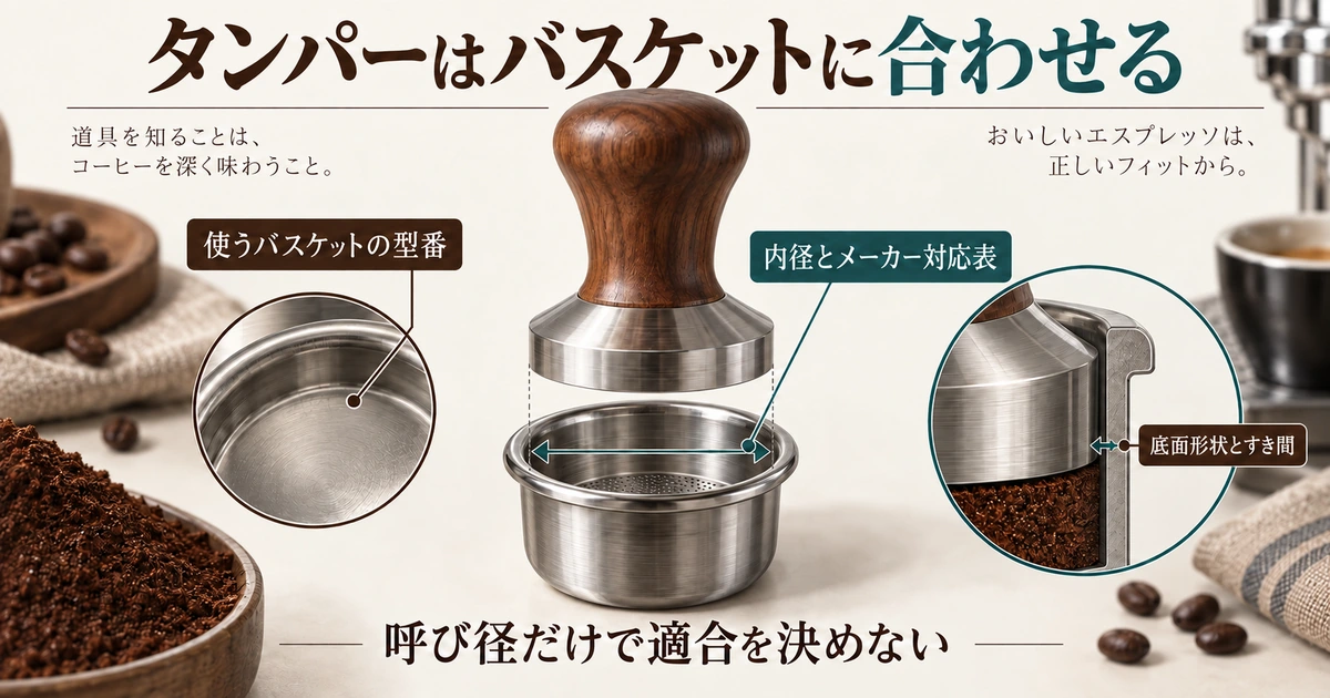 タンパーとバスケットの形状、内径、底面のすき間を描き、型番とメーカー対応表の確認を示す生成イラスト