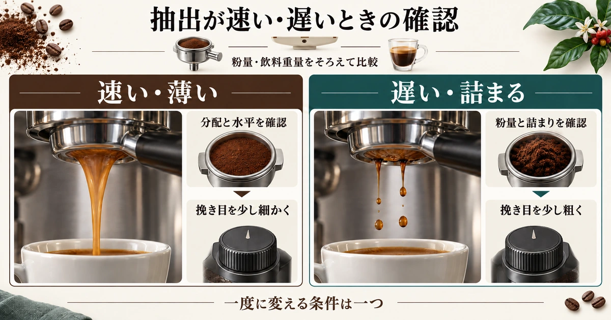 抽出が速い場合と遅い場合に、粉量や分配、詰まりを確認して挽き目を調整する流れを示す生成イラスト