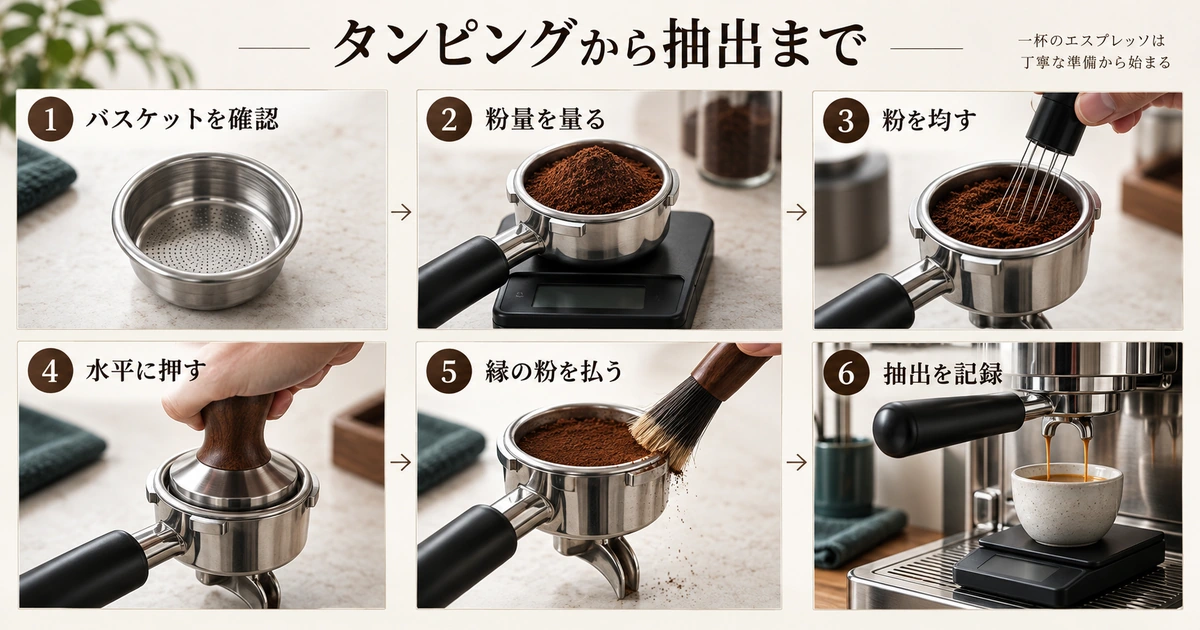 バスケット確認、計量、分配、水平なタンピング、縁の清掃、抽出記録の六工程を描く生成イラスト