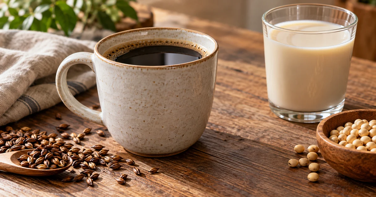 麦芽の粒とコーヒー風の飲み物、豆乳を並べたイメージ画像。特定の商品ではありません。