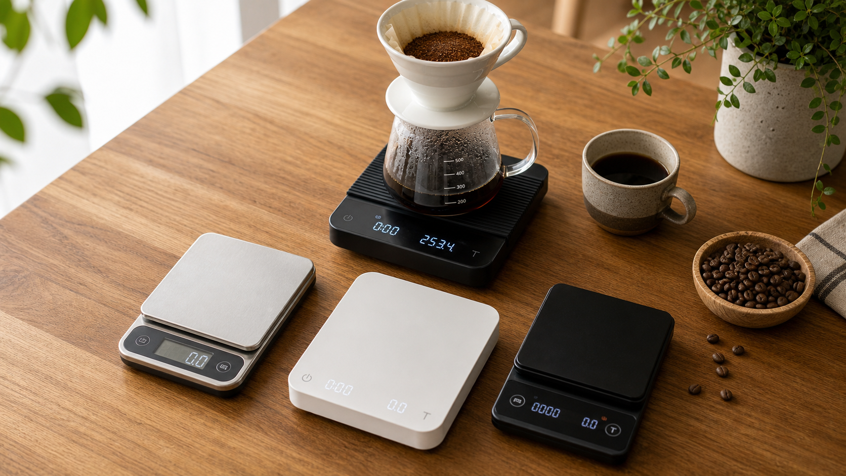 ドリップスケールとキッチンスケール、ドリッパー、コーヒー豆を木製テーブルに並べた比較イメージ