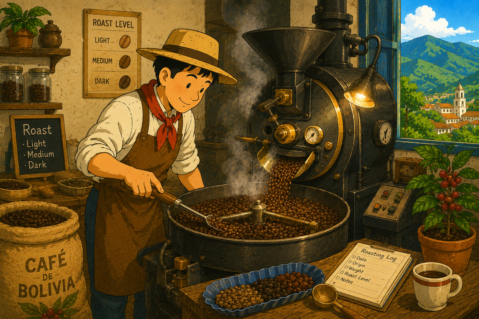 焙煎機でコーヒー豆を焙煎している様子